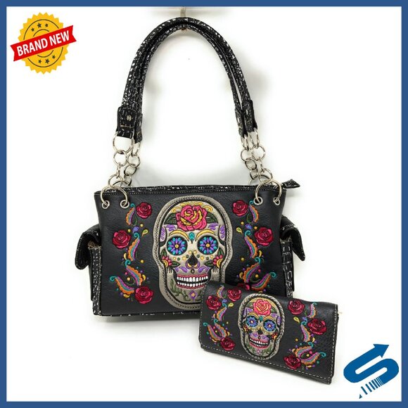 Rhinestone Metal Skull Shoulder Bag Purse Wallet Set Durable
